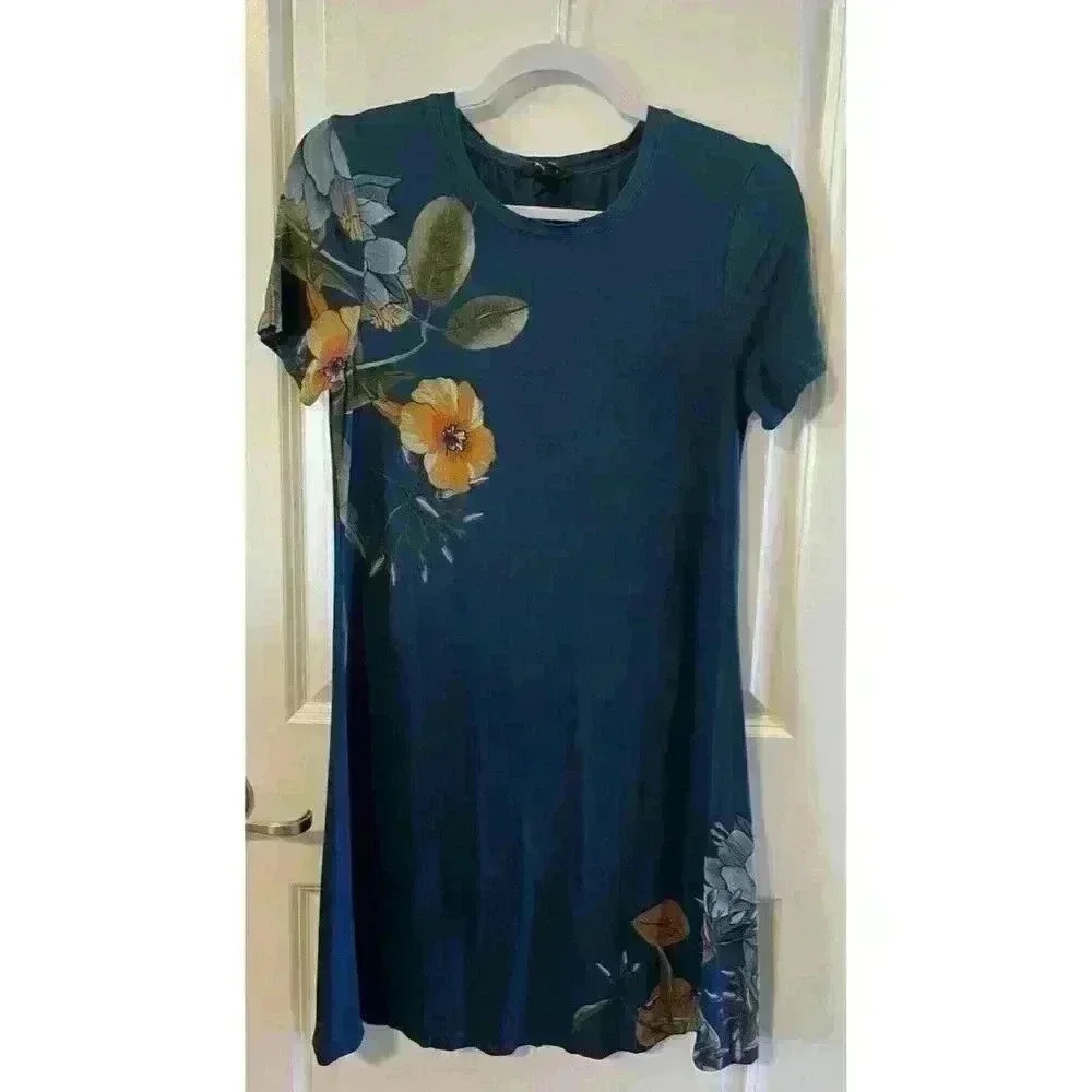 Desigual Jersey Knit Dress Womens Size XS Stretch Blue Floral Short sleeve
